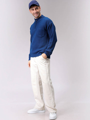 Men's Navy Blue Oversized Textured Half Open High Neck Sweater