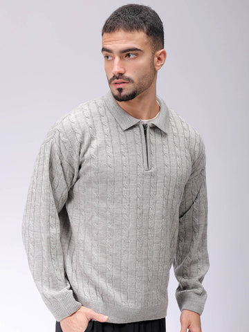Men's Grey Oversized Textured Sweater