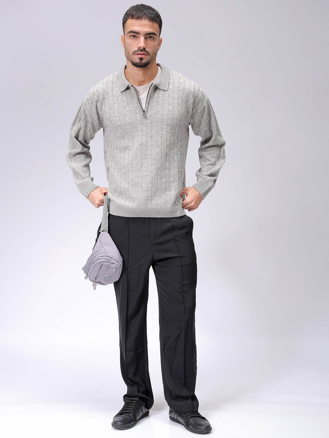 Men's Grey Oversized Textured Sweater