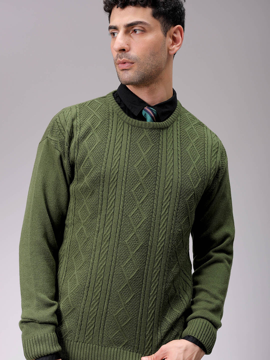 Men's Olive Oversized Textured Crew Neck Sweater