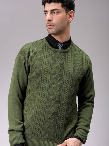 Men's Olive Oversized Textured Crew Neck Sweater