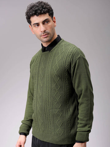 Men's Olive Oversized Textured Crew Neck Sweater