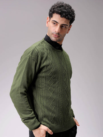 Men's Olive Oversized Textured Crew Neck Sweater
