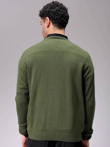 Men's Olive Oversized Textured Crew Neck Sweater