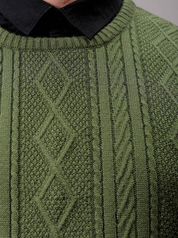 Men's Olive Oversized Textured Crew Neck Sweater