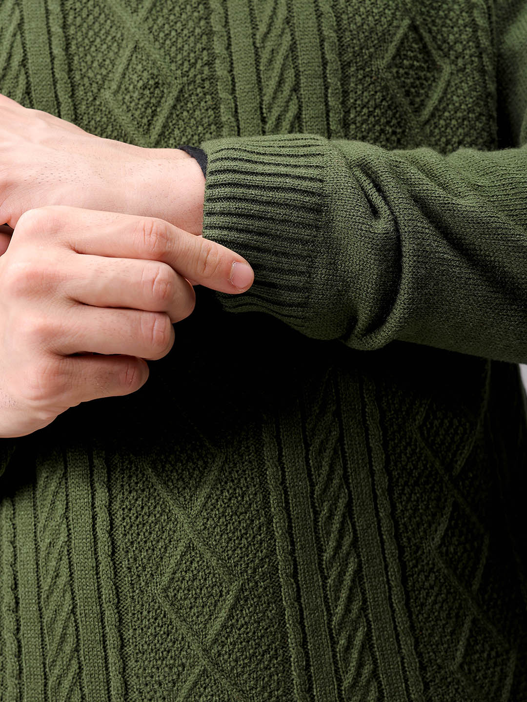 Men's Olive Oversized Textured Crew Neck Sweater