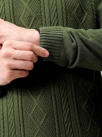 Men's Olive Oversized Textured Crew Neck Sweater