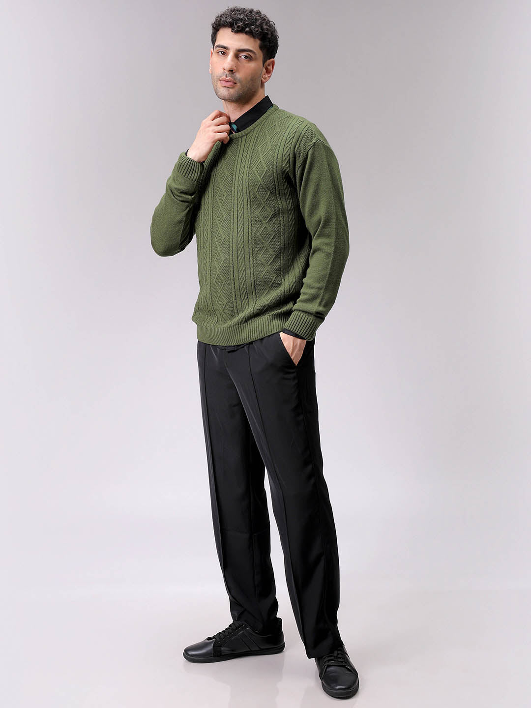 Men's Olive Oversized Textured Crew Neck Sweater