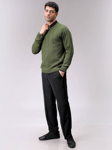 Men's Olive Oversized Textured Crew Neck Sweater
