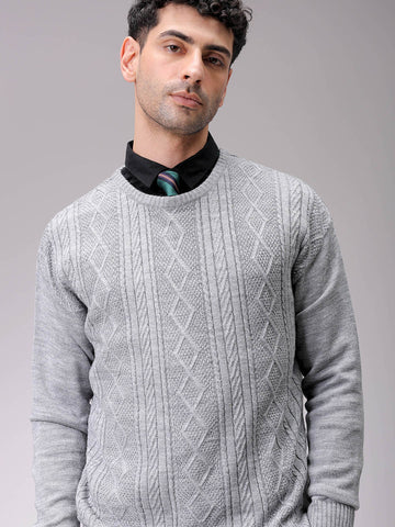 Men's Grey Oversized Textured Crew Neck Sweater