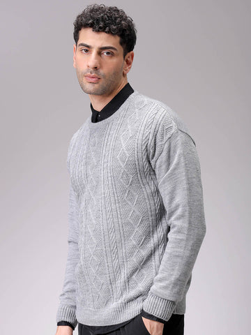 Men's Grey Oversized Textured Crew Neck Sweater