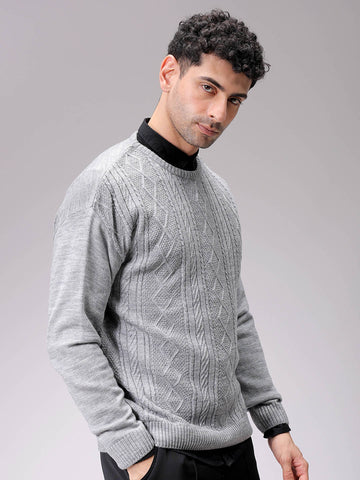 Men's Grey Oversized Textured Crew Neck Sweater