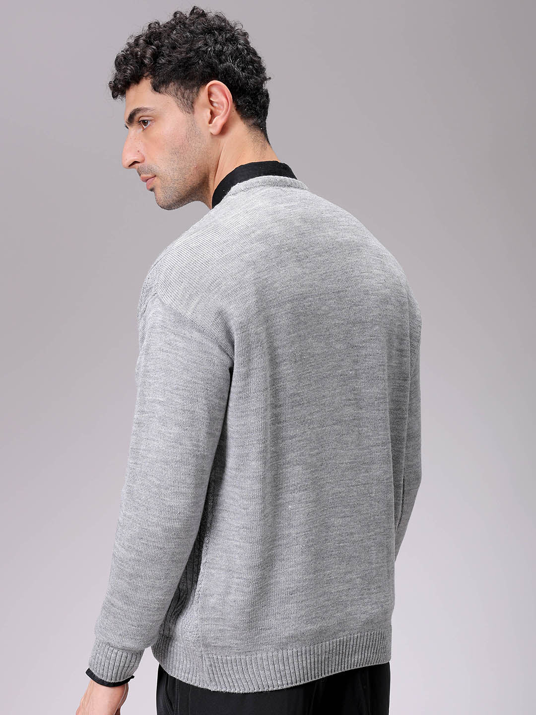 Men's Grey Oversized Textured Crew Neck Sweater