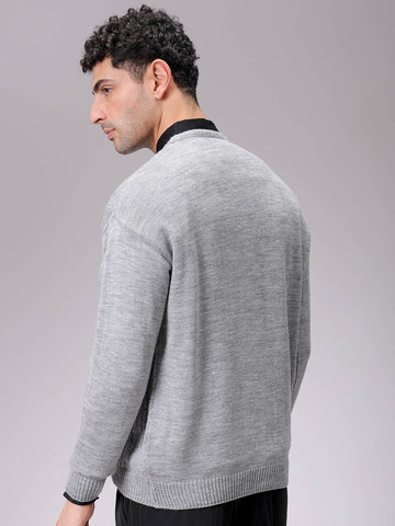 Men's Grey Oversized Textured Crew Neck Sweater