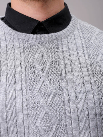 Men's Grey Oversized Textured Crew Neck Sweater