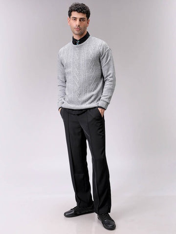 Men's Grey Oversized Textured Crew Neck Sweater