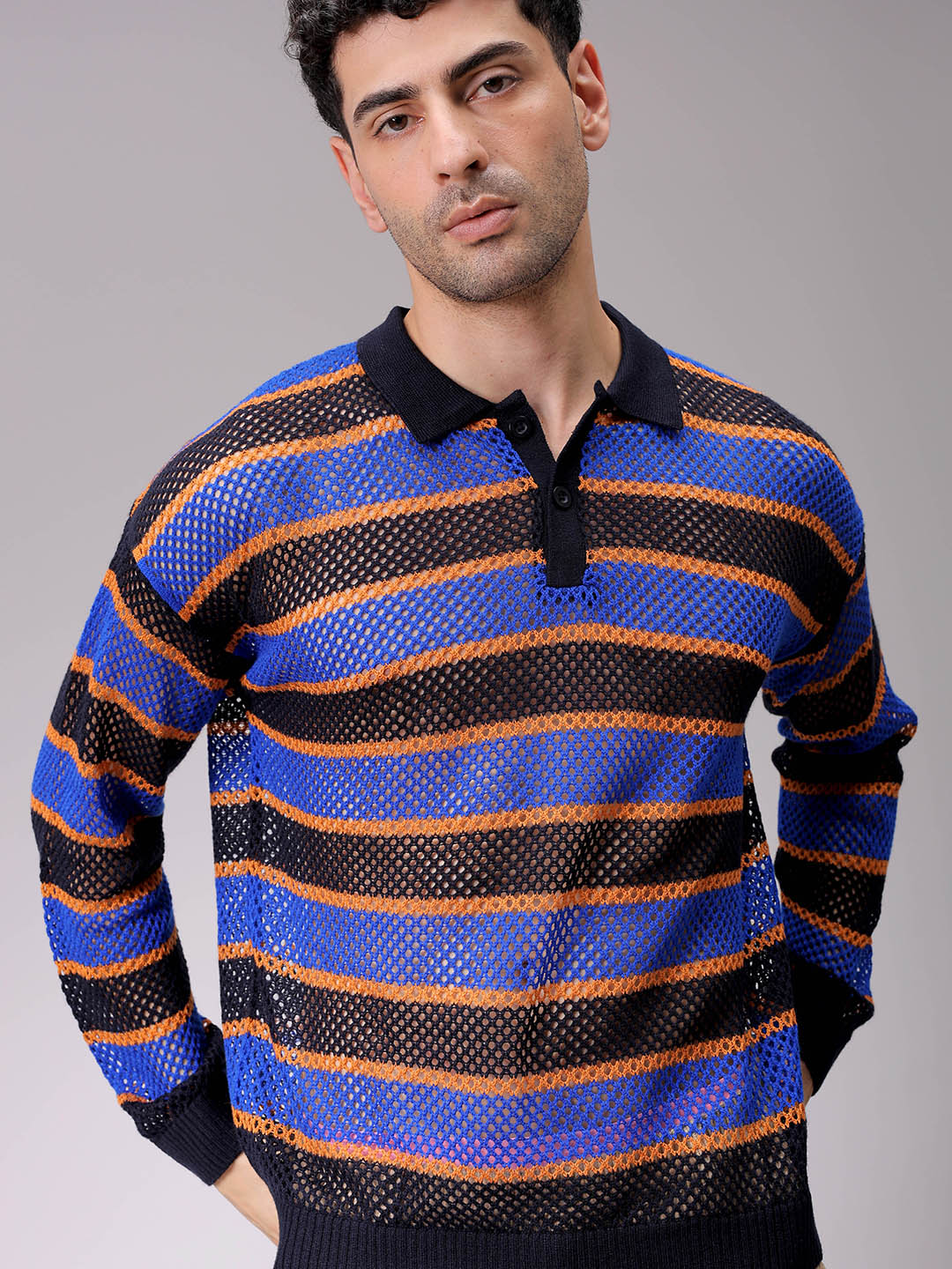 Men's Navy Blue Oversized Horizontal Striped Polo Sweater