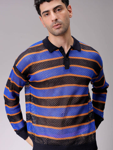 Men's Navy Blue Oversized Horizontal Striped Polo Sweater
