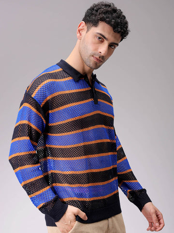 Men's Navy Blue Oversized Horizontal Striped Polo Sweater
