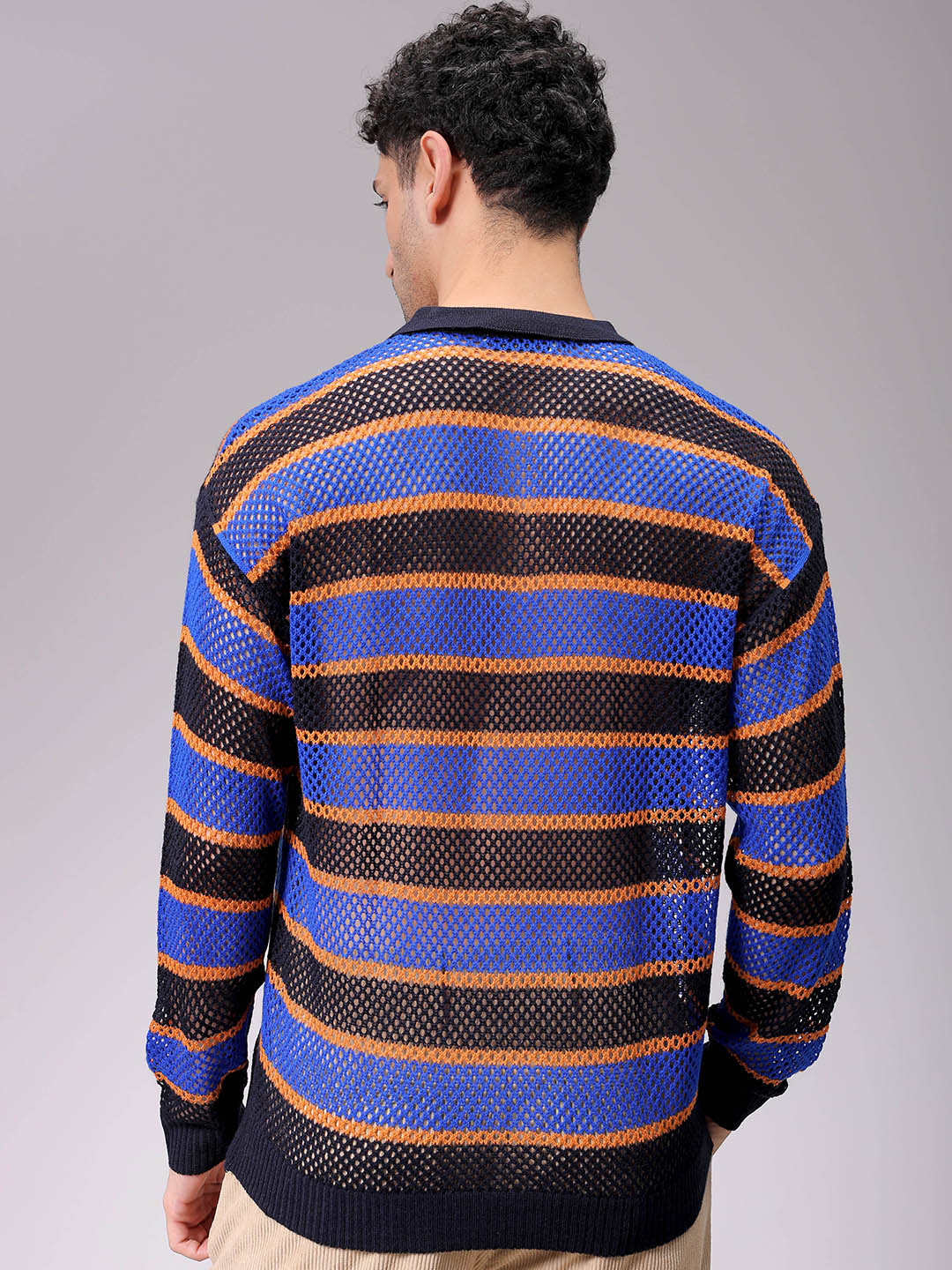 Men's Navy Blue Oversized Horizontal Striped Polo Sweater