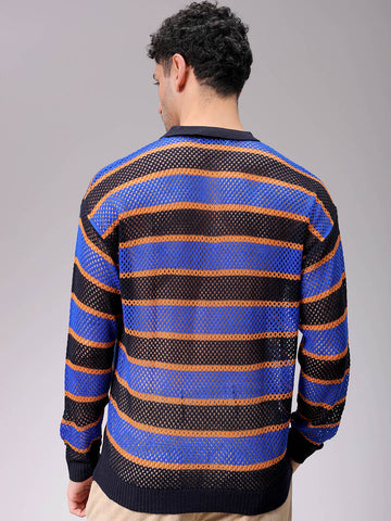 Men's Navy Blue Oversized Horizontal Striped Polo Sweater