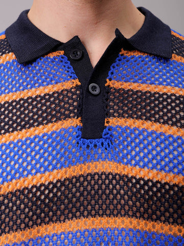 Men's Navy Blue Oversized Horizontal Striped Polo Sweater