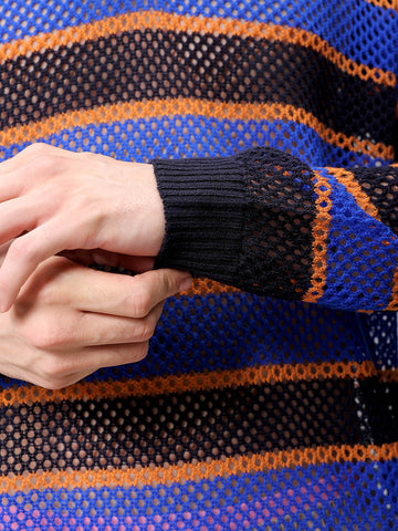 Men's Navy Blue Oversized Horizontal Striped Polo Sweater