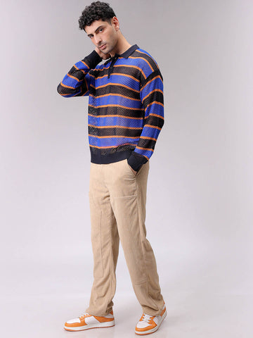 Men's Navy Blue Oversized Horizontal Striped Polo Sweater