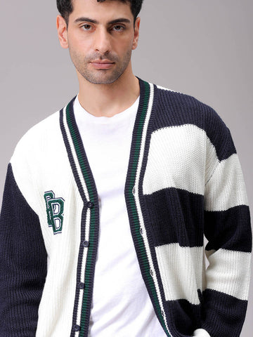 Men's White Oversized Colourblocked V-Neck Cardigan