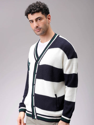 Men's White Oversized Colourblocked V-Neck Cardigan