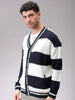 Men's White Oversized Colourblocked V-Neck Cardigan
