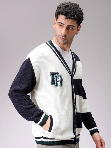 Men's White Oversized Colourblocked V-Neck Cardigan