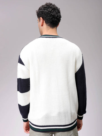 Men's White Oversized Colourblocked V-Neck Cardigan