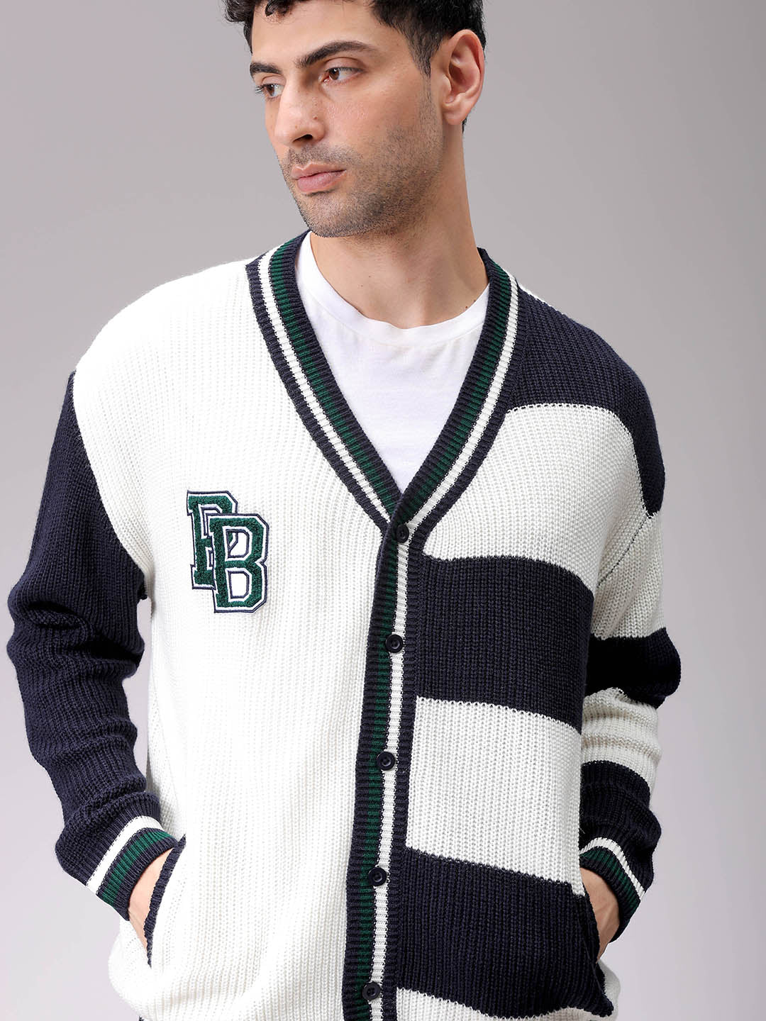 Men's White Oversized Colourblocked V-Neck Cardigan