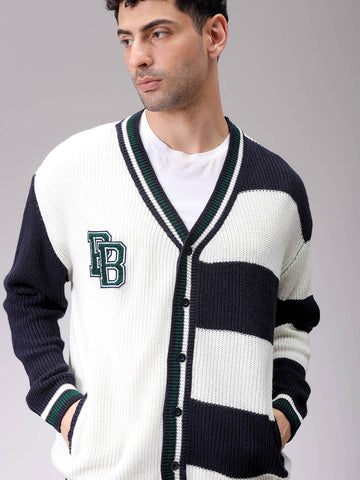 Men's White Oversized Colourblocked V-Neck Cardigan
