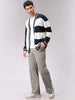 Men's White Oversized Colourblocked V-Neck Cardigan