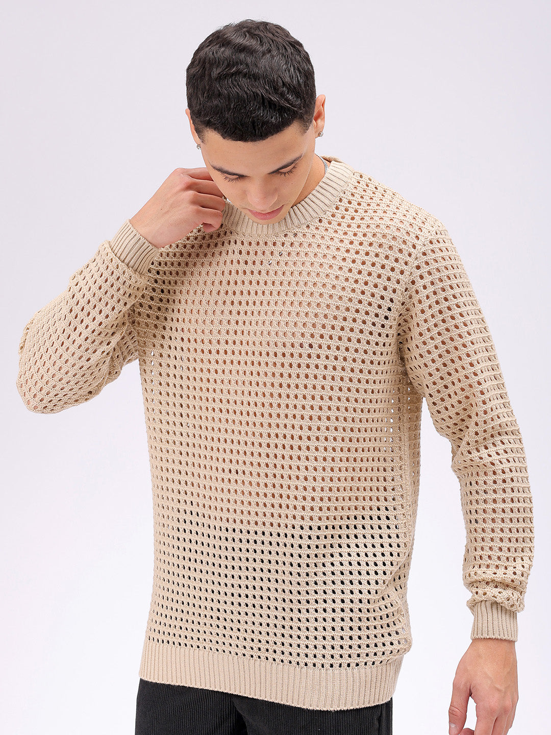 Men's Cream Relaxed Fit Textured Sweater