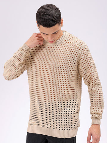 Men's Cream Relaxed Fit Textured Sweater