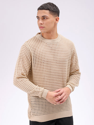 Men's Cream Relaxed Fit Textured Sweater