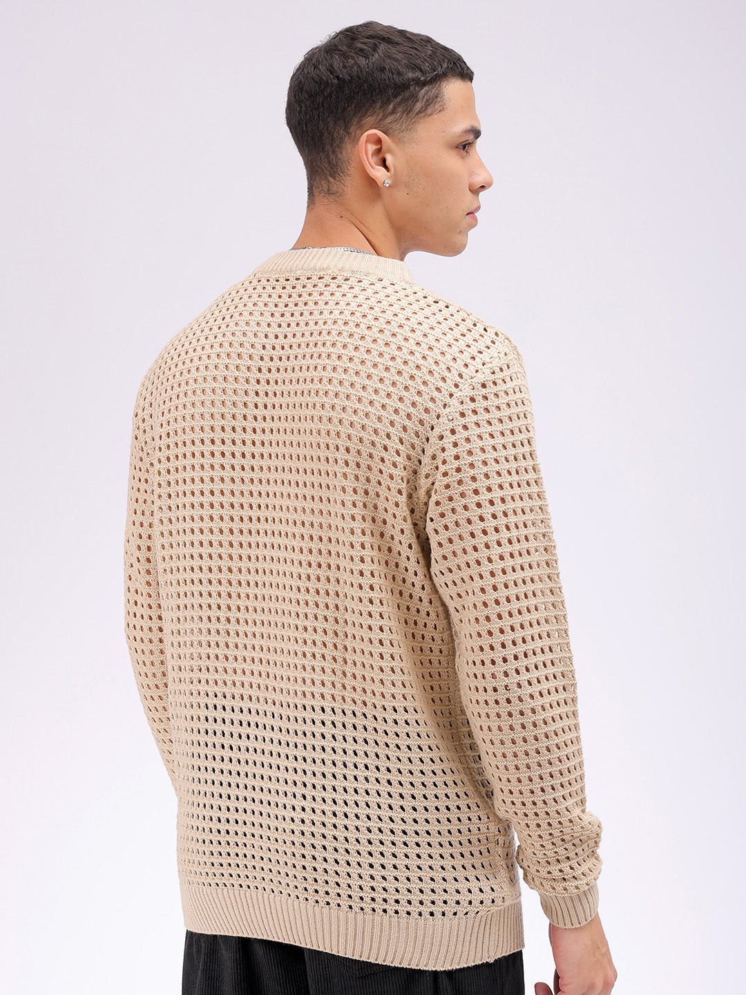 Men's Cream Relaxed Fit Textured Sweater