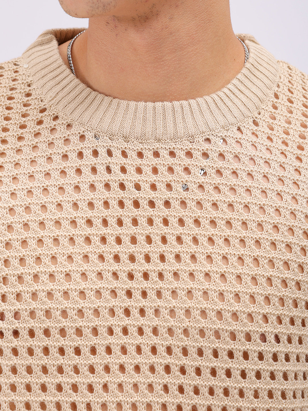 Men's Cream Relaxed Fit Textured Sweater