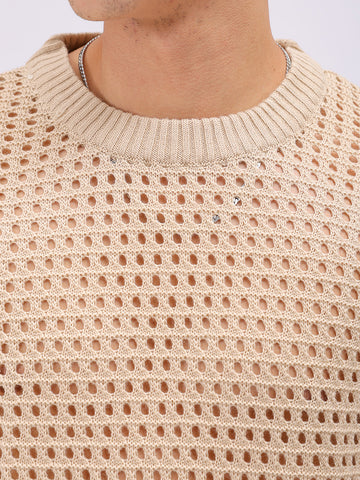 Men's Cream Relaxed Fit Textured Sweater
