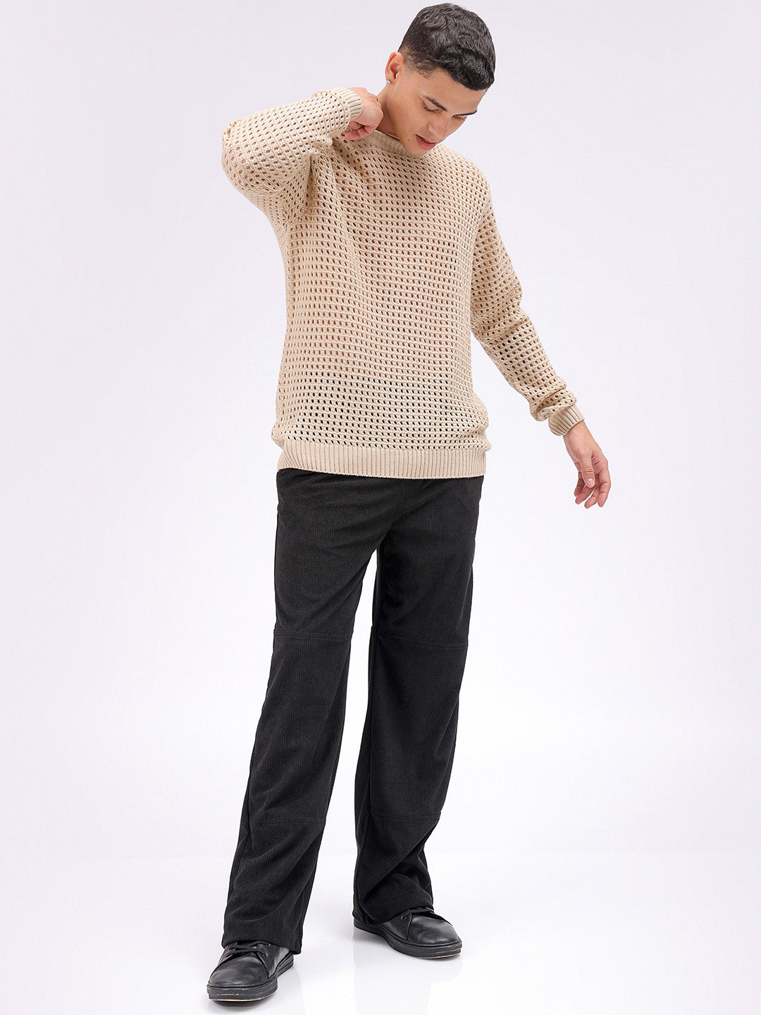 Men's Cream Relaxed Fit Textured Sweater
