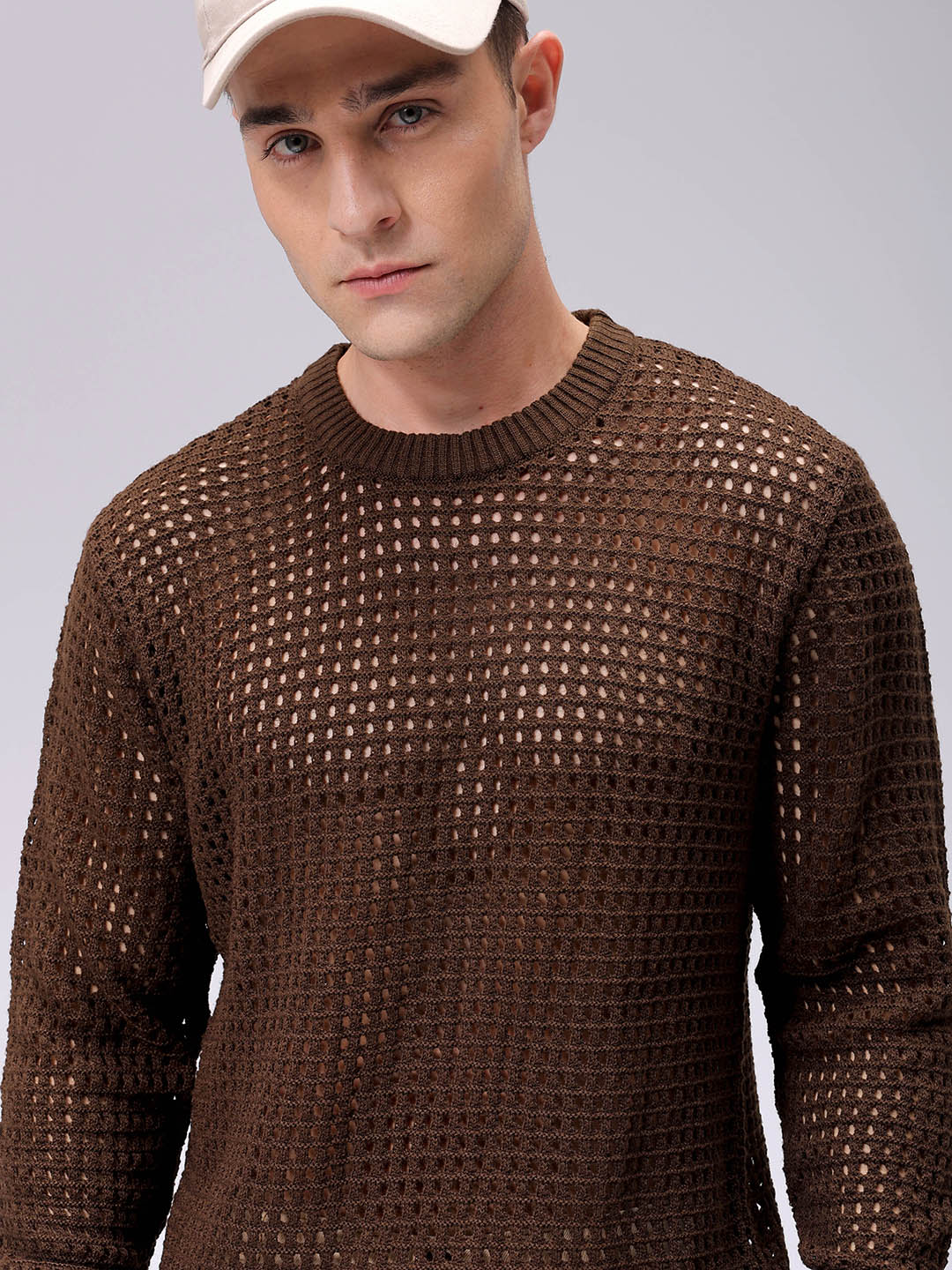Men's Dark Brown Relaxed Fit Textured Casual Sweater
