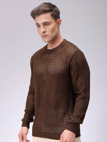 Men's Dark Brown Relaxed Fit Textured Casual Sweater