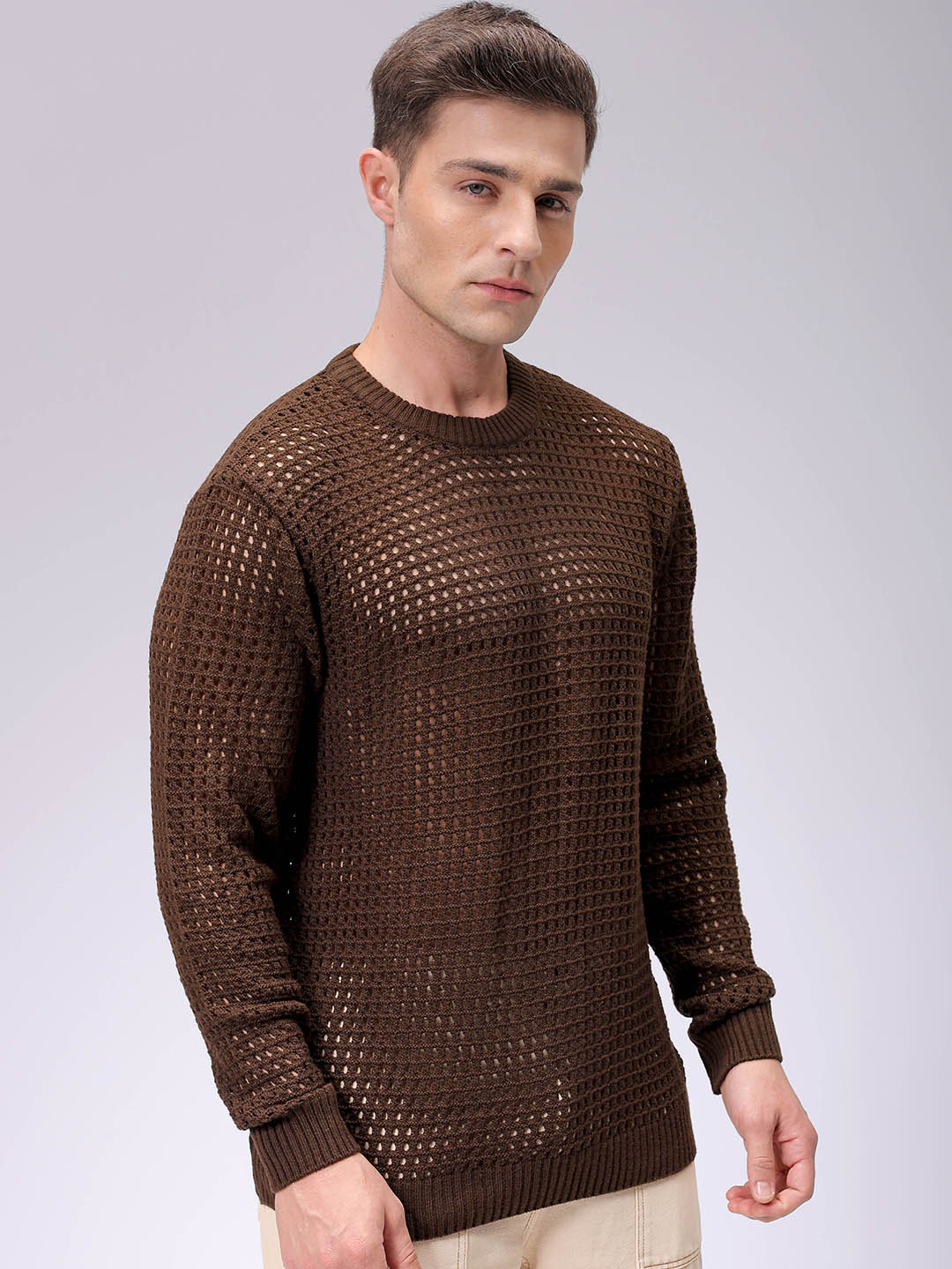 Men's Dark Brown Relaxed Fit Textured Casual Sweater