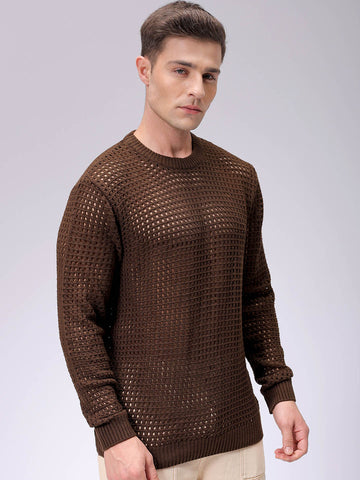 Men's Dark Brown Relaxed Fit Textured Casual Sweater