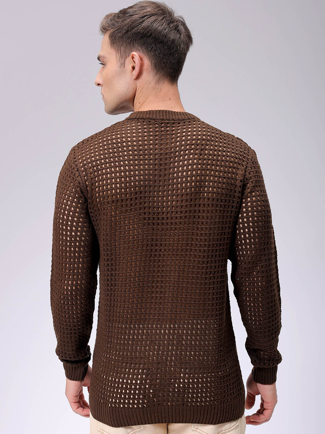 Men's Dark Brown Relaxed Fit Textured Casual Sweater