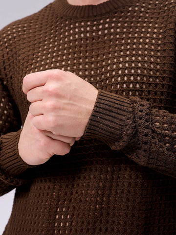 Men's Dark Brown Relaxed Fit Textured Casual Sweater