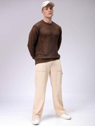 Men's Dark Brown Relaxed Fit Textured Casual Sweater